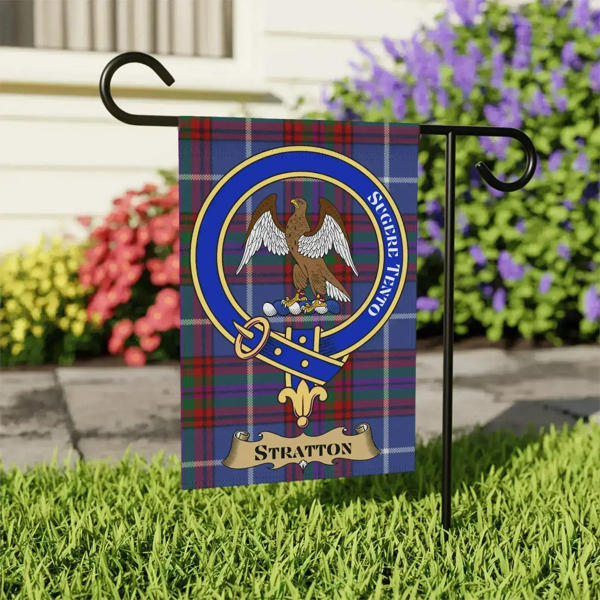 Stratton Scottish clan tartan garden flag with crest-style emblem