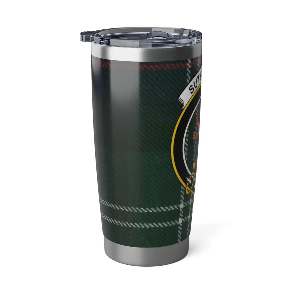 Sutherland sans peur tartan travel mug with wild cat crest tumbler — full view