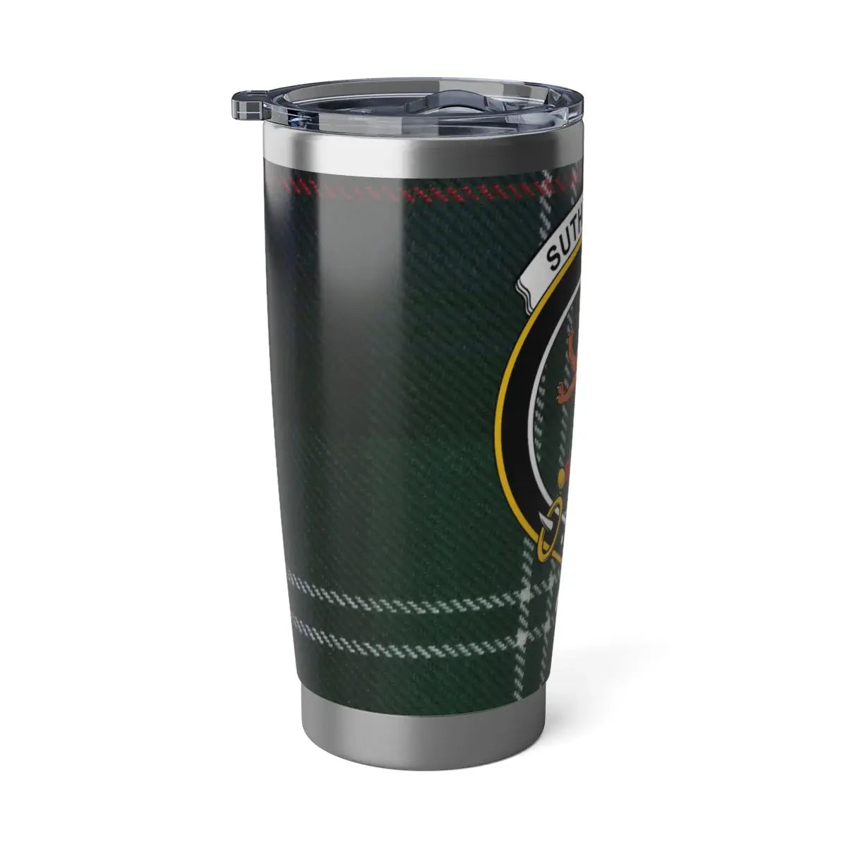 Sutherland sans peur tartan travel mug with wild cat crest tumbler — full view