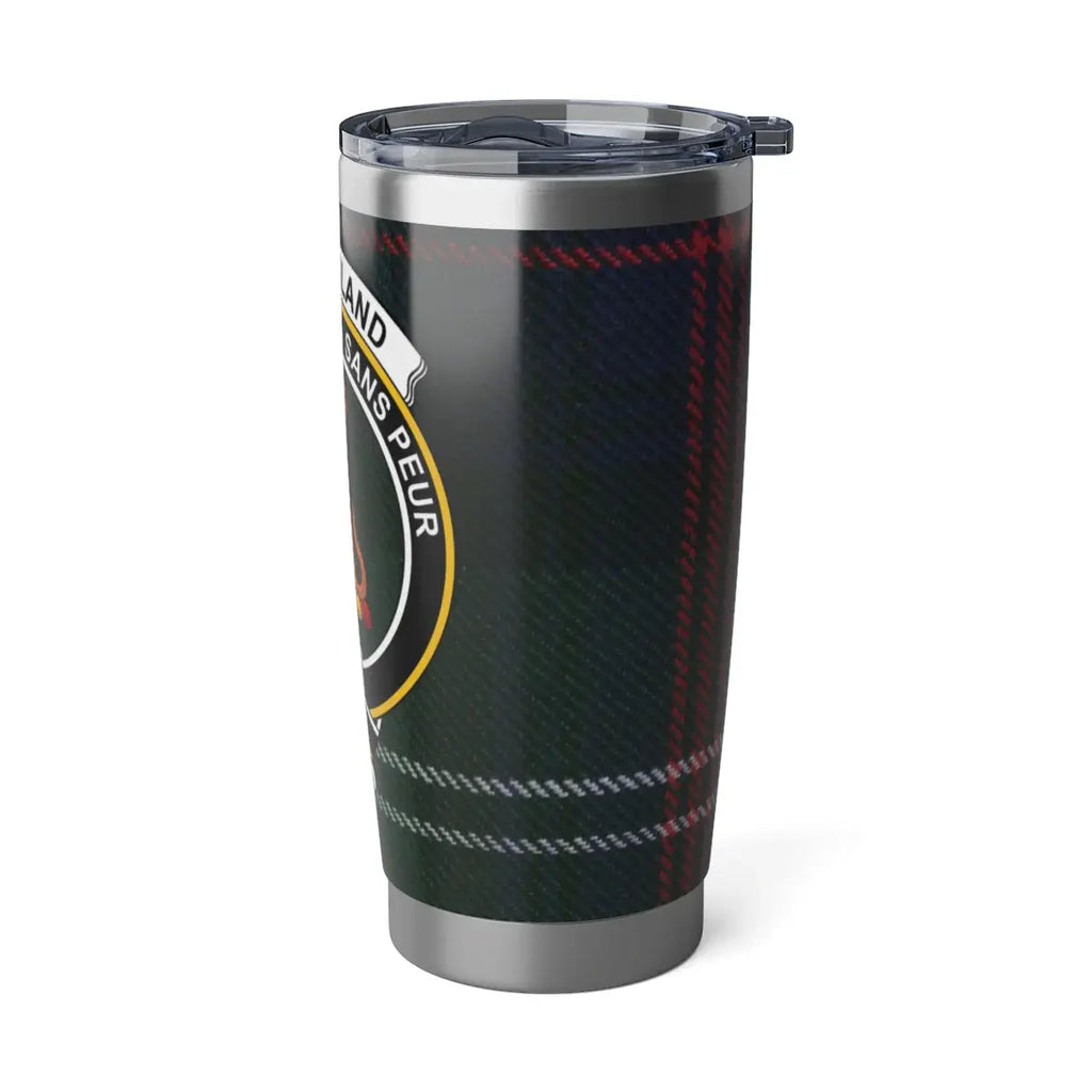 Clan Sutherland plaid pattern with wild cat shield design travel mug — close-up