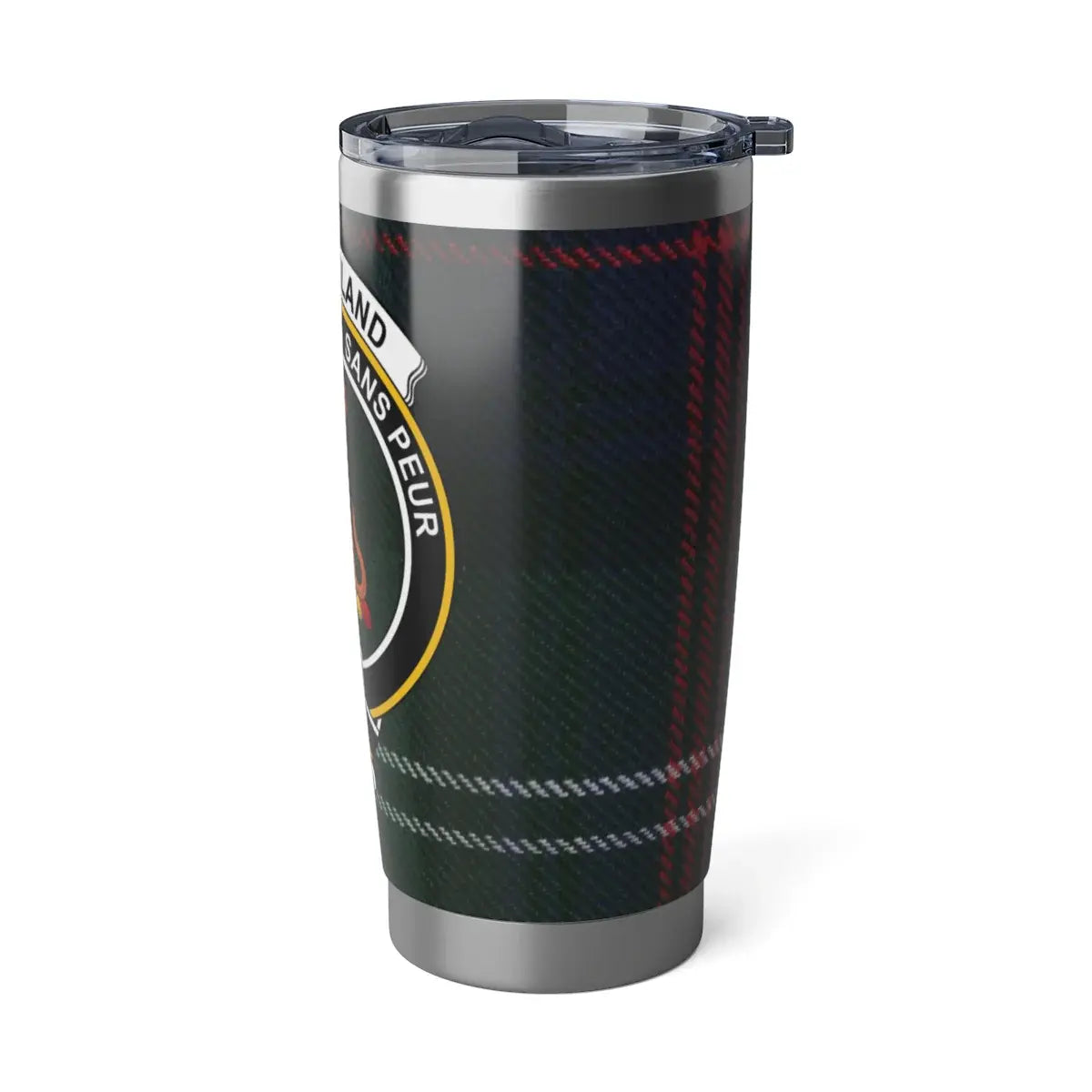 Clan Sutherland plaid pattern with wild cat shield design travel mug — close-up
