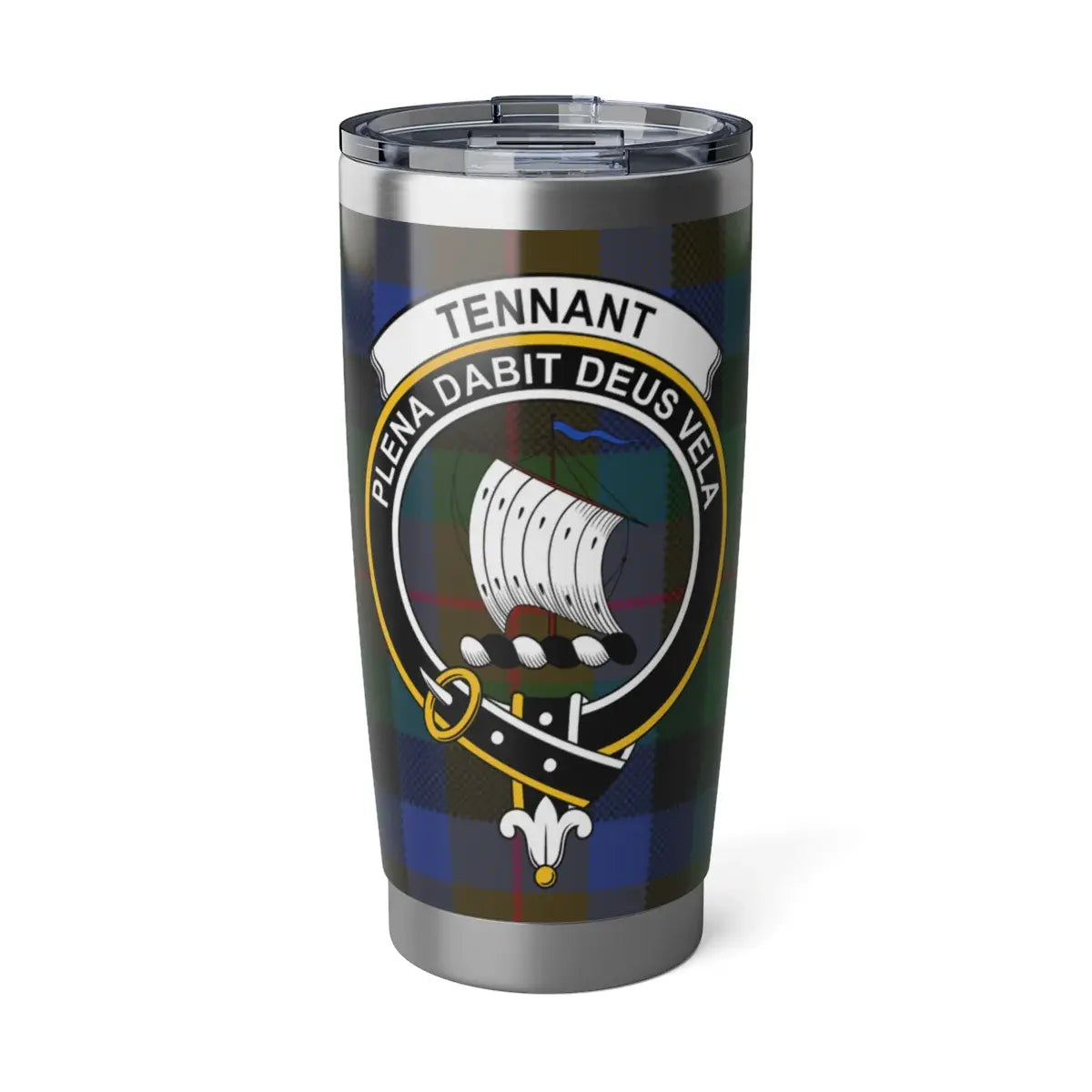 Clan Tennant plena dabit deus vela tumbler — 20oz stainless steel with ship crest and tartan