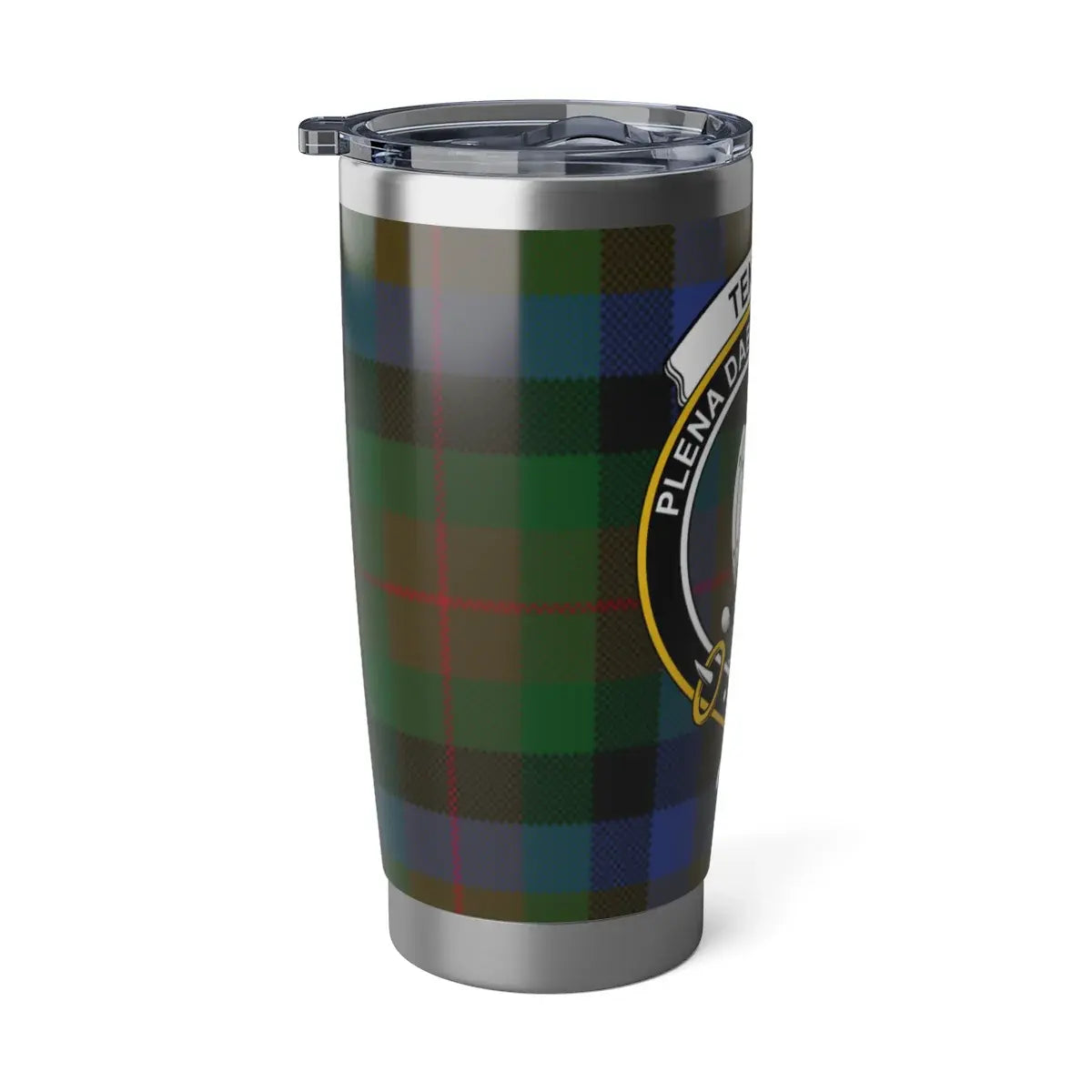 Tennant clan crest tartan pattern thermal tumbler — secure lid, fits car cup holder
