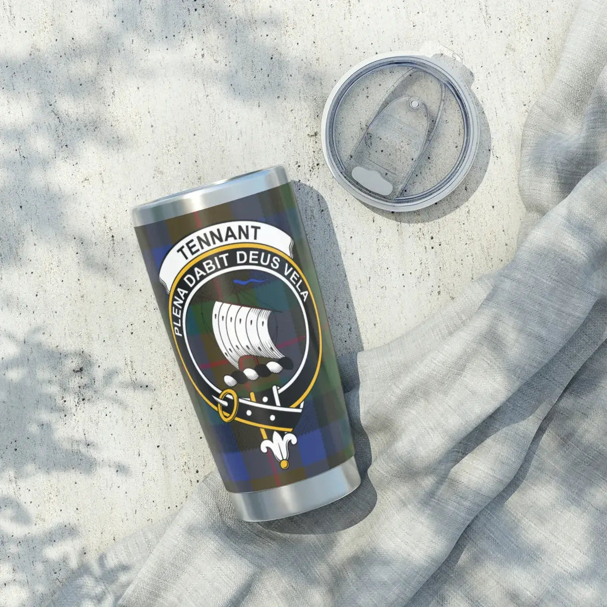 Clan Tennant shield and ship insignia travel tumbler — plena dabit deus vela crest