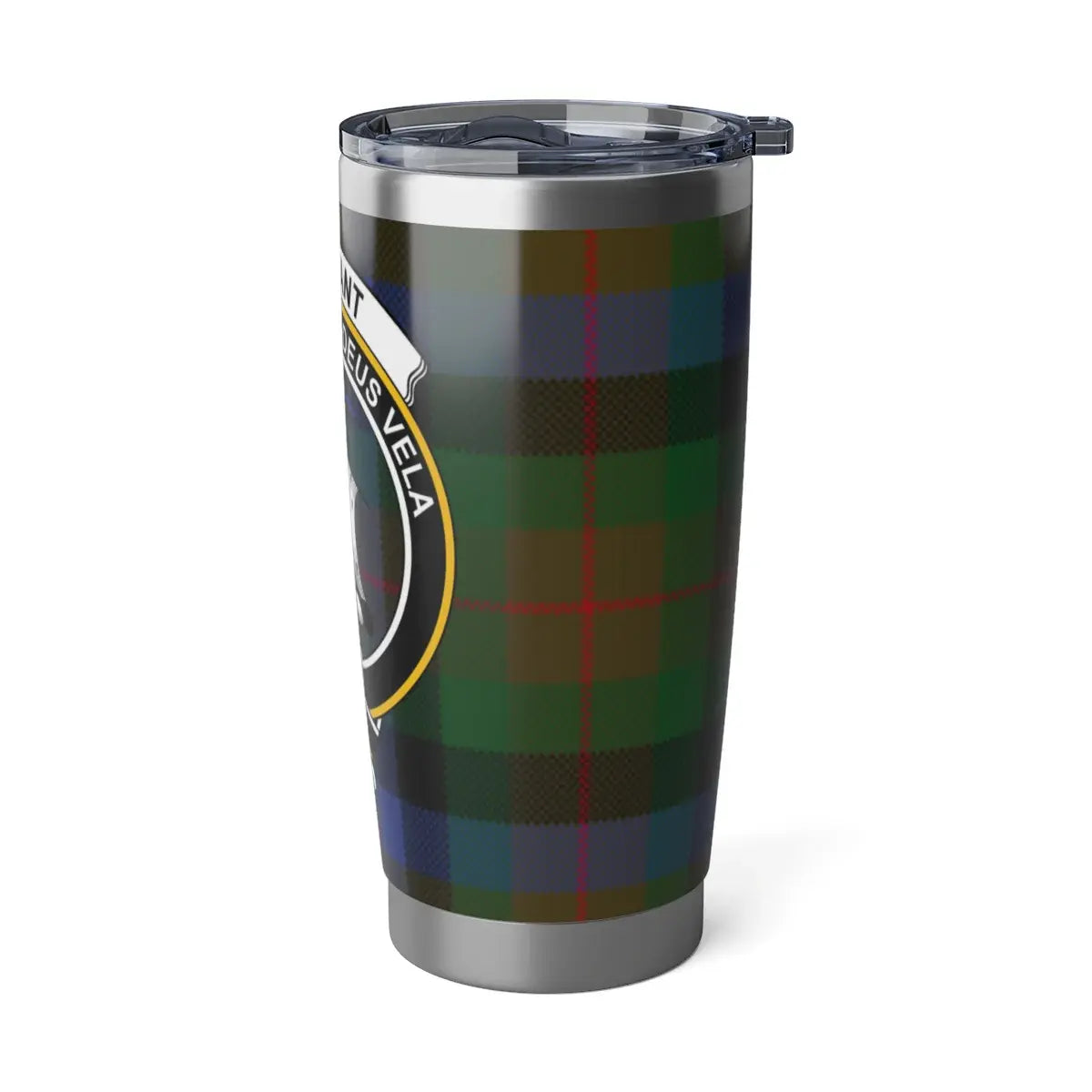 Tennant clan crest tartan pattern tumbler cup — full view, stainless steel