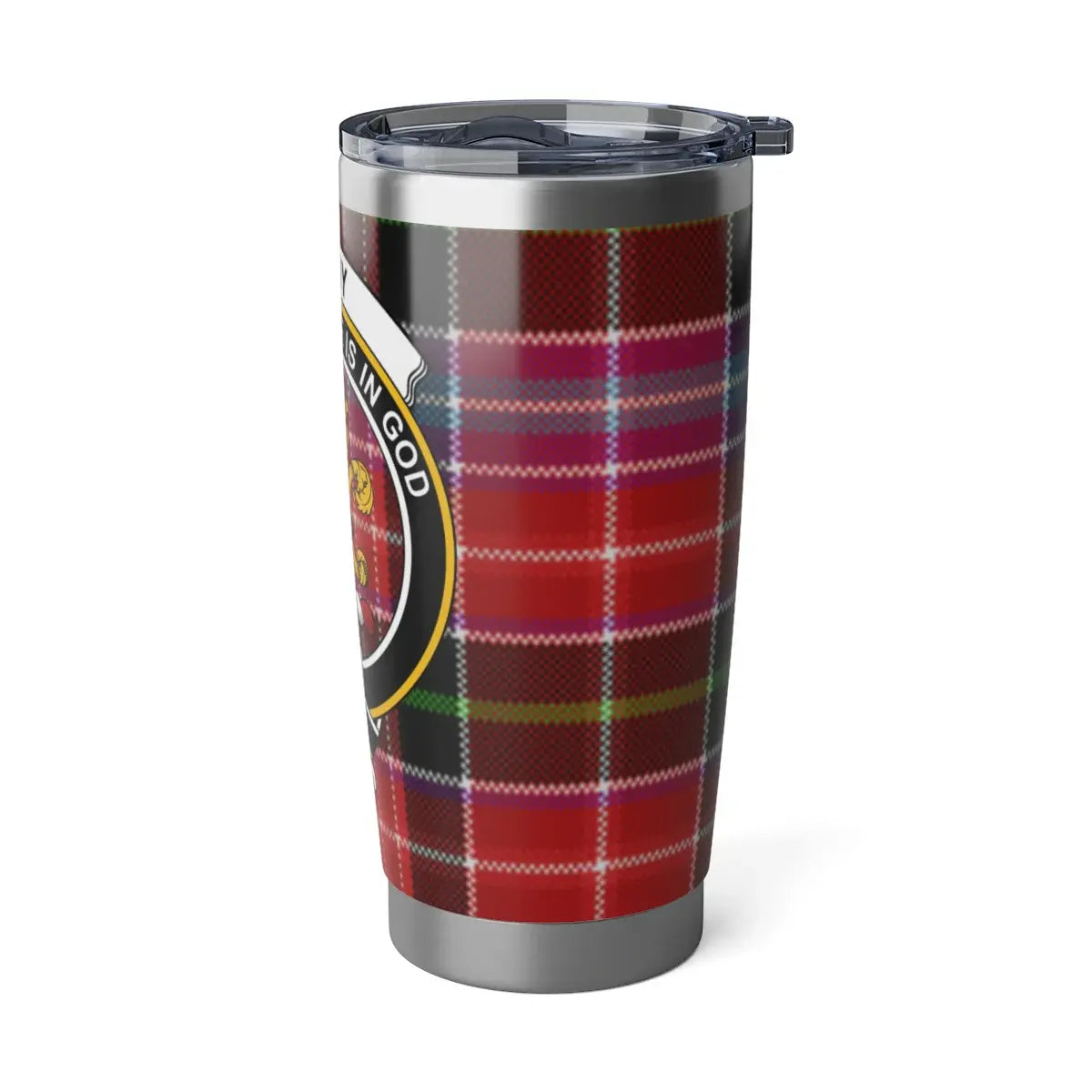 Red Plaid Insulated Travel Tumbler with Emblem Design
