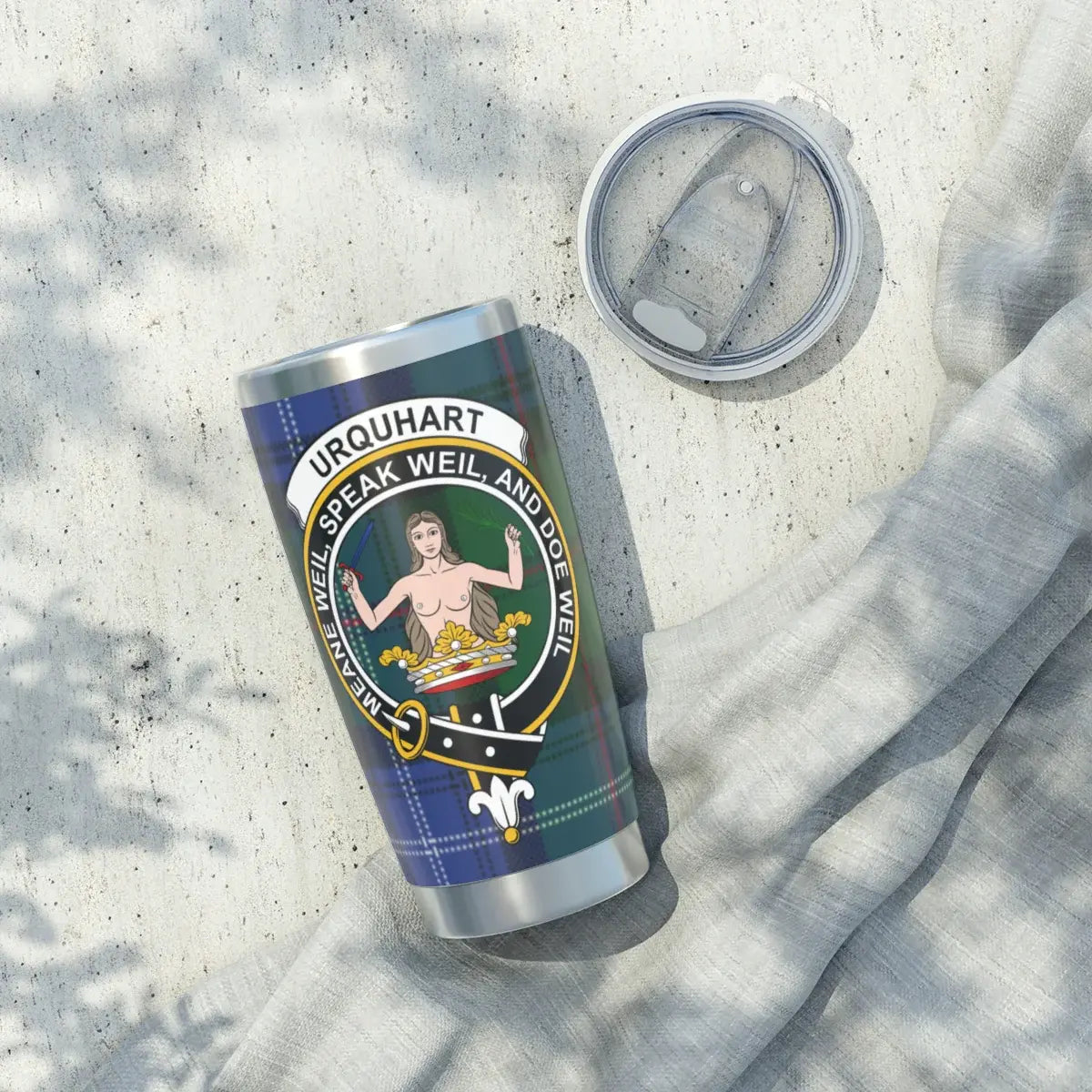Clan Urquhart clan crest insulated travel tumbler with lid included — full view