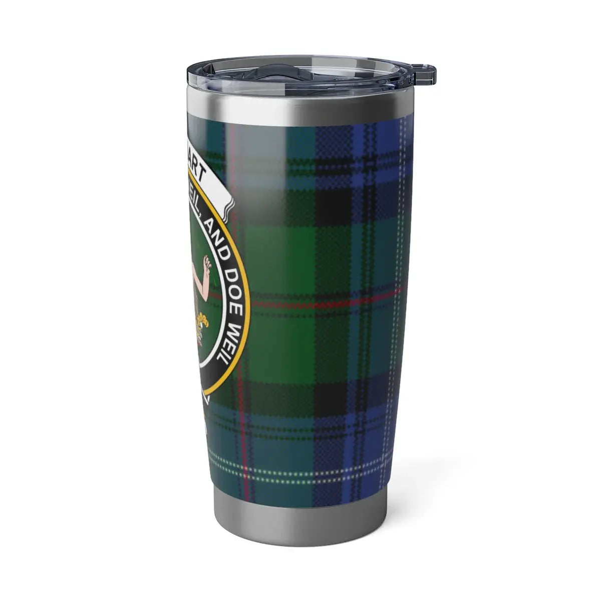 Urquhart clan crest green plaid insulated tumbler — secure gasket, fits car cup holder