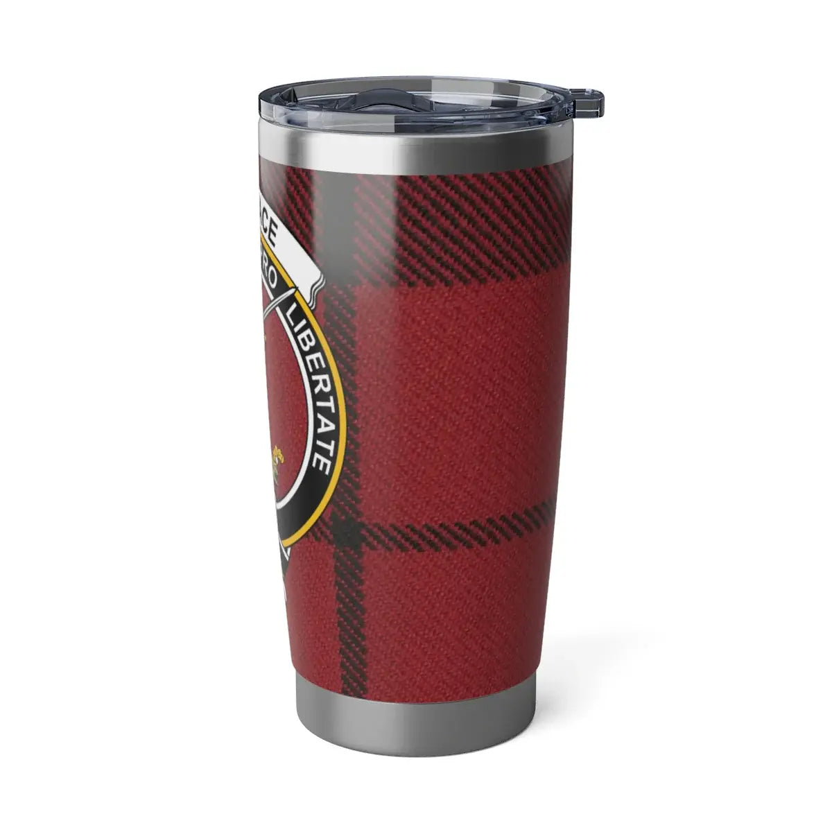 Wallace clan crest red plaid travel mug — insulated thermal design, fits car cup holder