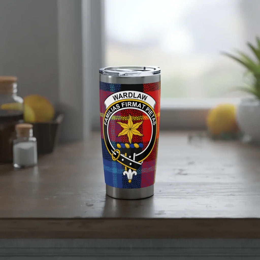 Wardlaw familias firmat pietas insulated tumbler — side view showing full crest design