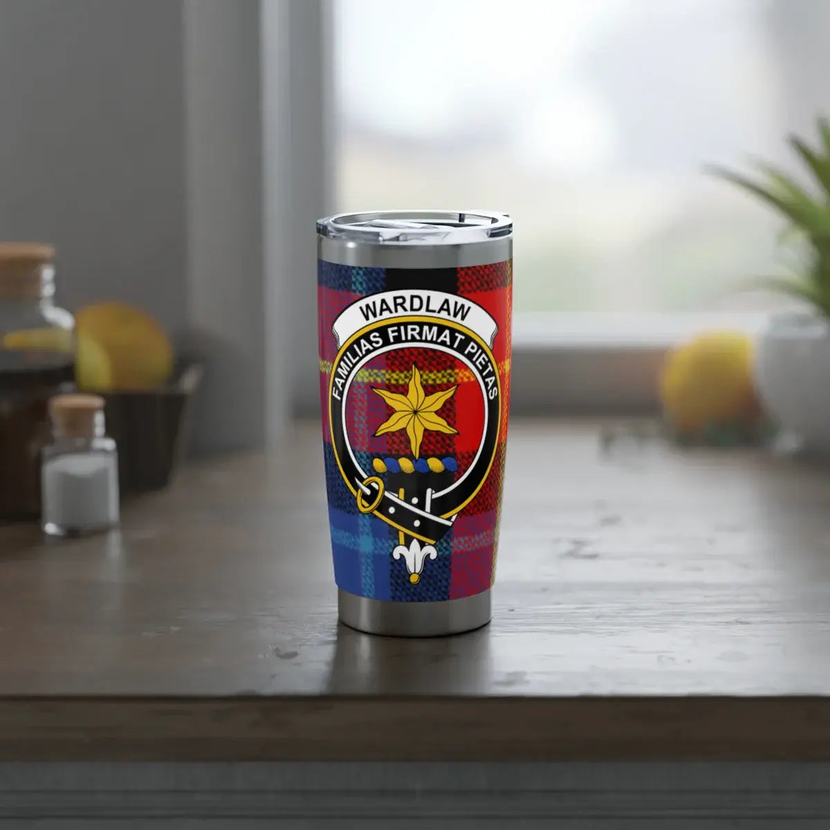 Wardlaw familias firmat pietas insulated tumbler — side view showing full crest design