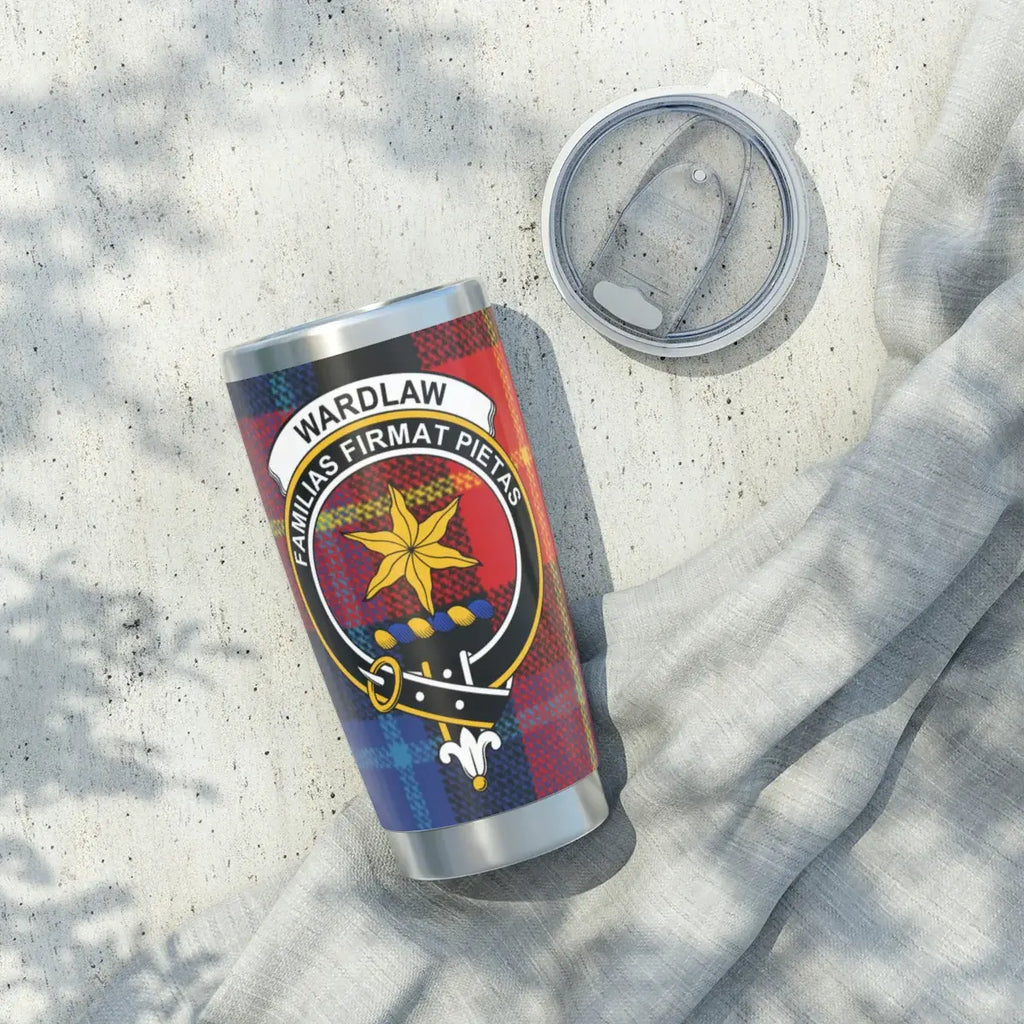 Wardlaw family crest tartan design tumbler — full view, stainless steel