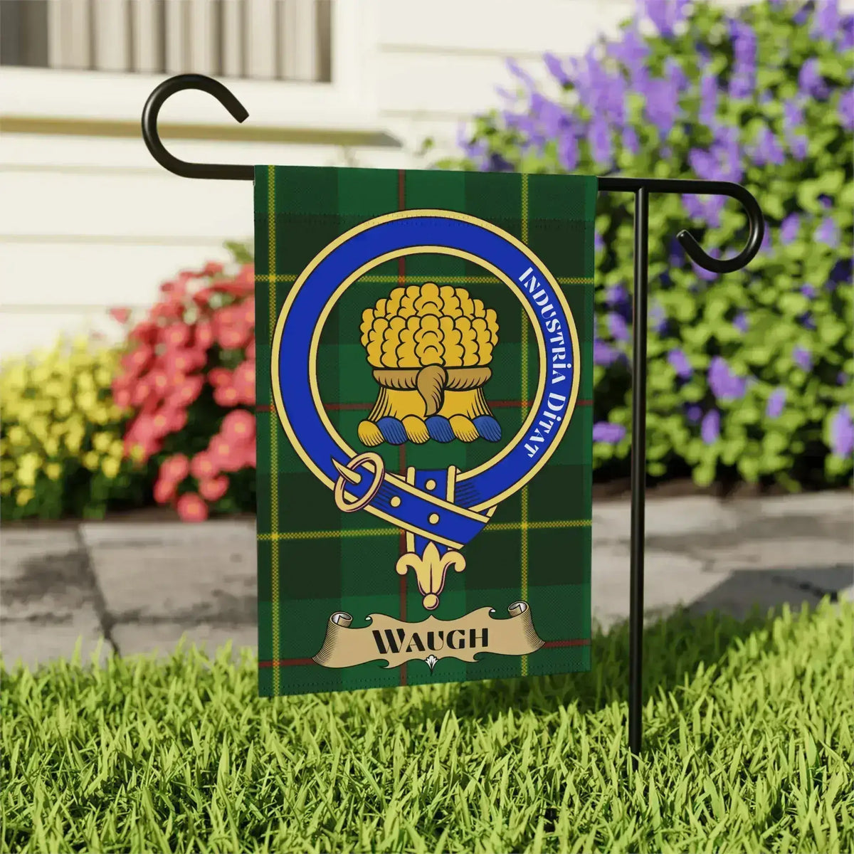 Rustic Outdoor Garden Flag with Waugh Clan Crest