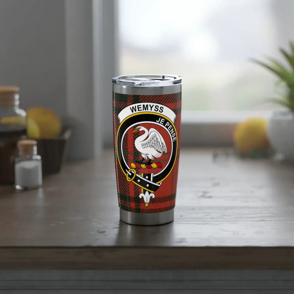 Wemyss je pense tartan travel mug — side view showing full swan crest