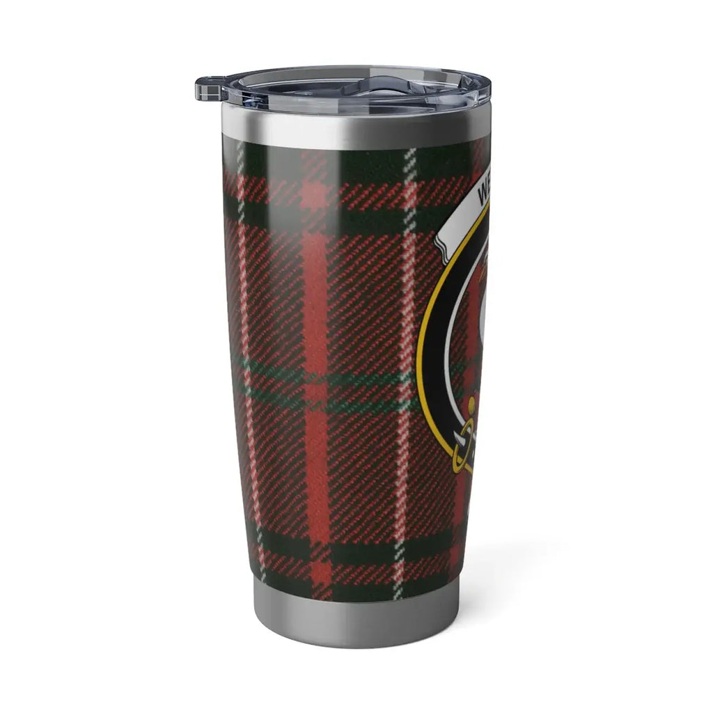 Wemyss clan crest plaid pattern tumbler travel mug — secure lid, fits car cup holder