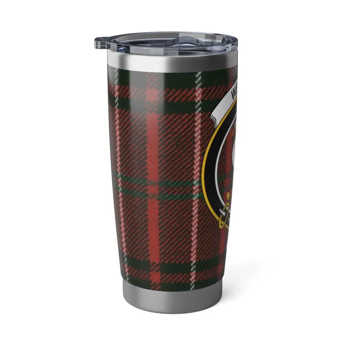 Wemyss clan crest plaid pattern tumbler travel mug — secure lid, fits car cup holder