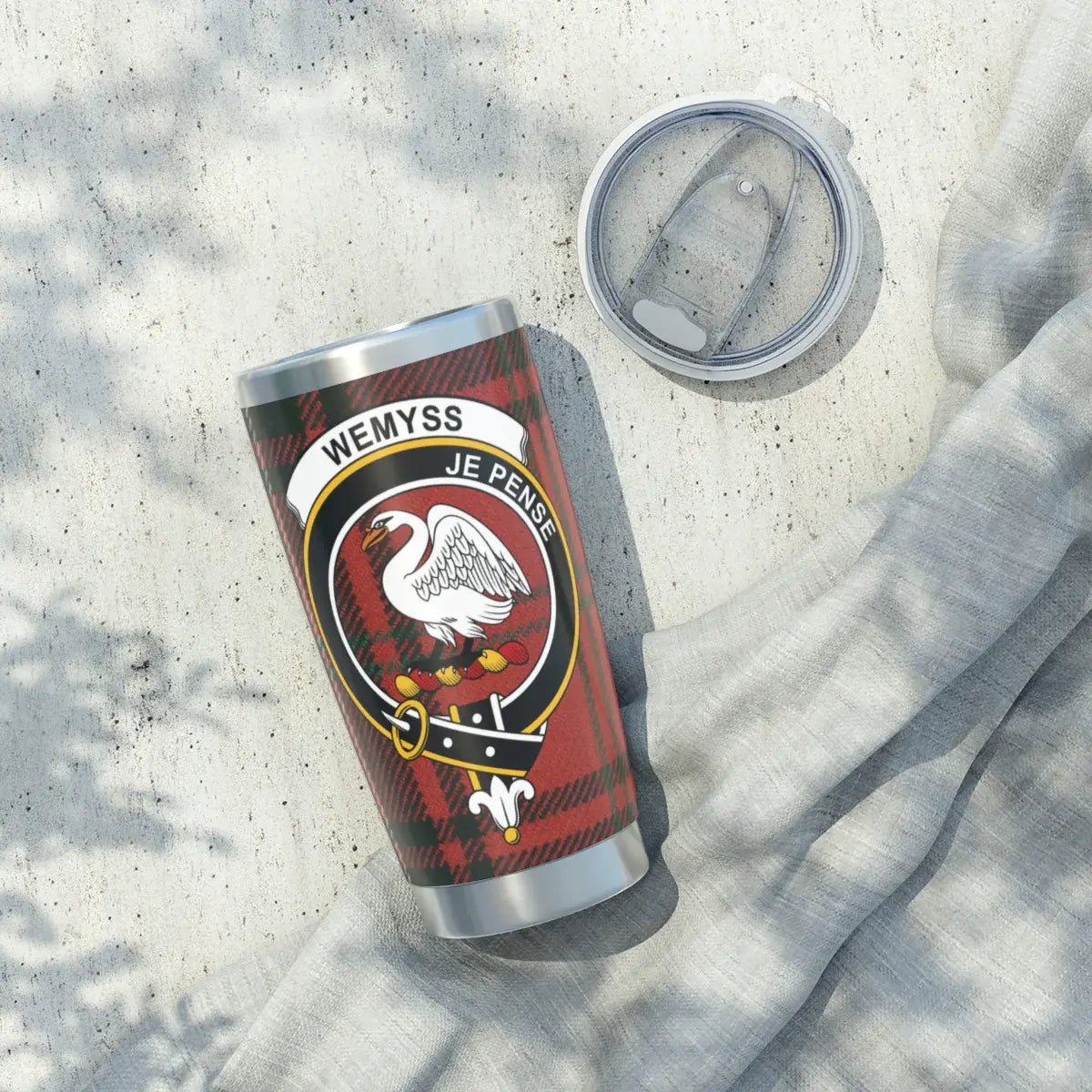 Clan Wemyss je pense tartan design insulated tumbler — full view