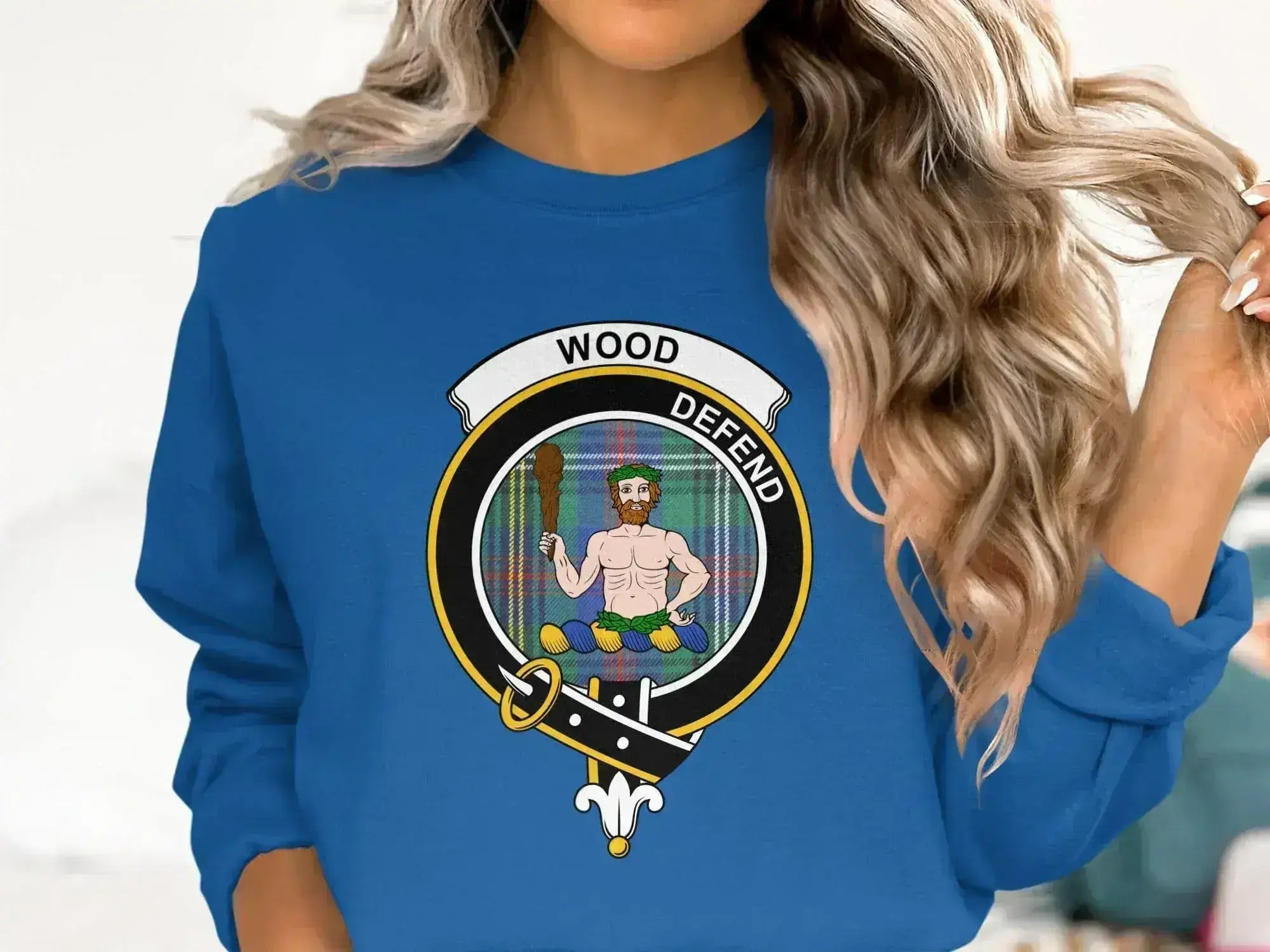 Unique Blue Sweatshirt with Wood Defend Logos product type