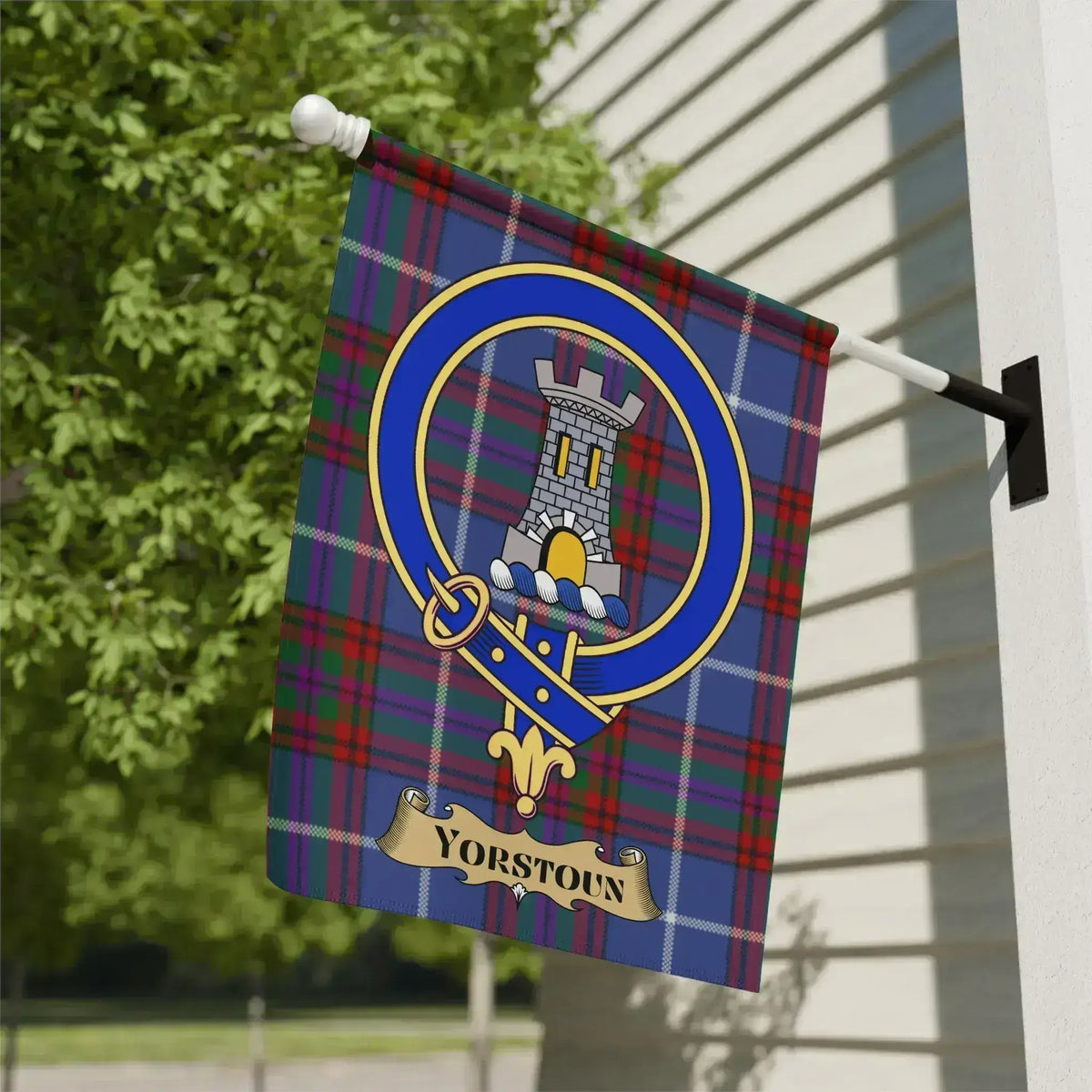 Yorstoun Crest Emblem with Tartan Background Flag
