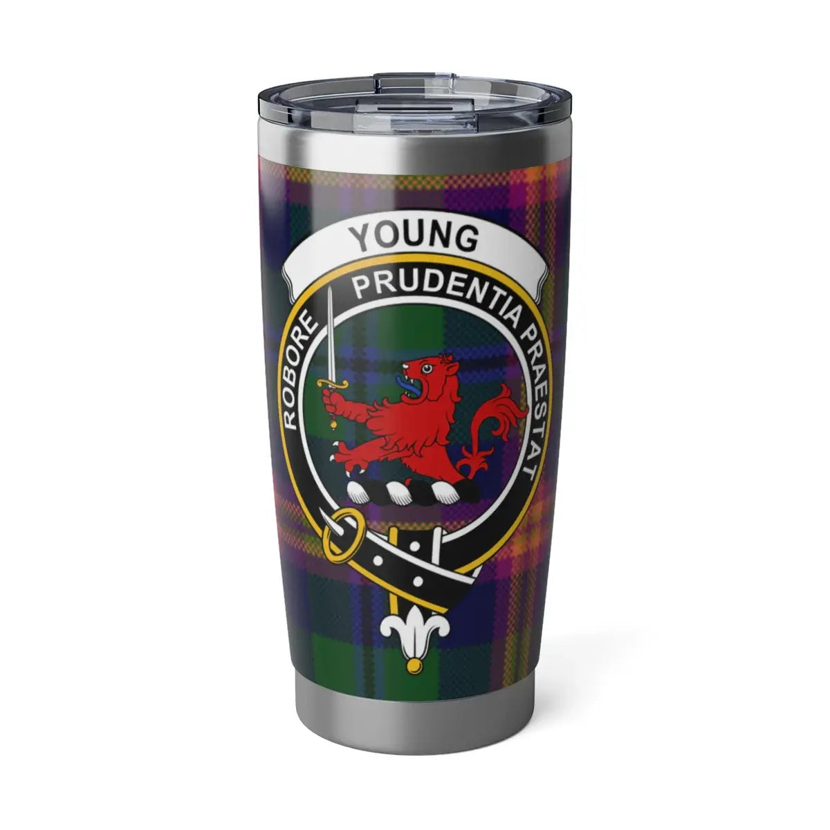 Clan Young 20oz insulated tumbler with crest on a tartan background