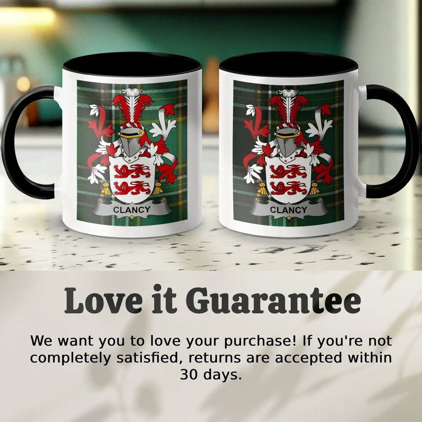 Pair of white mugs with black handles featuring Clancy family crest on green tartan background