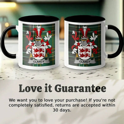 Pair of white mugs with black handles featuring Clancy family crest on green tartan background