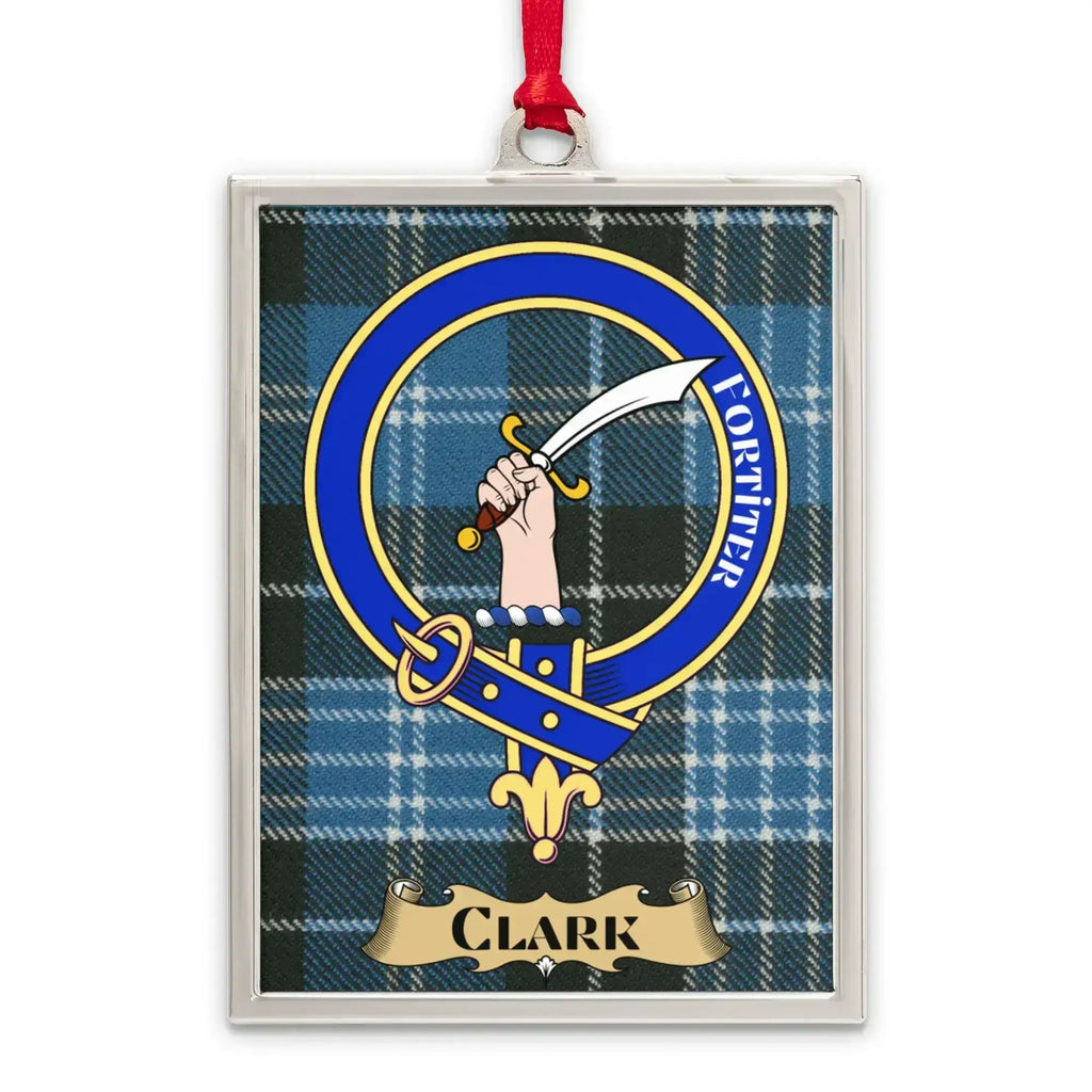 Clark tartan-background crest ornament shown as a Scottish heritage keepsake gift