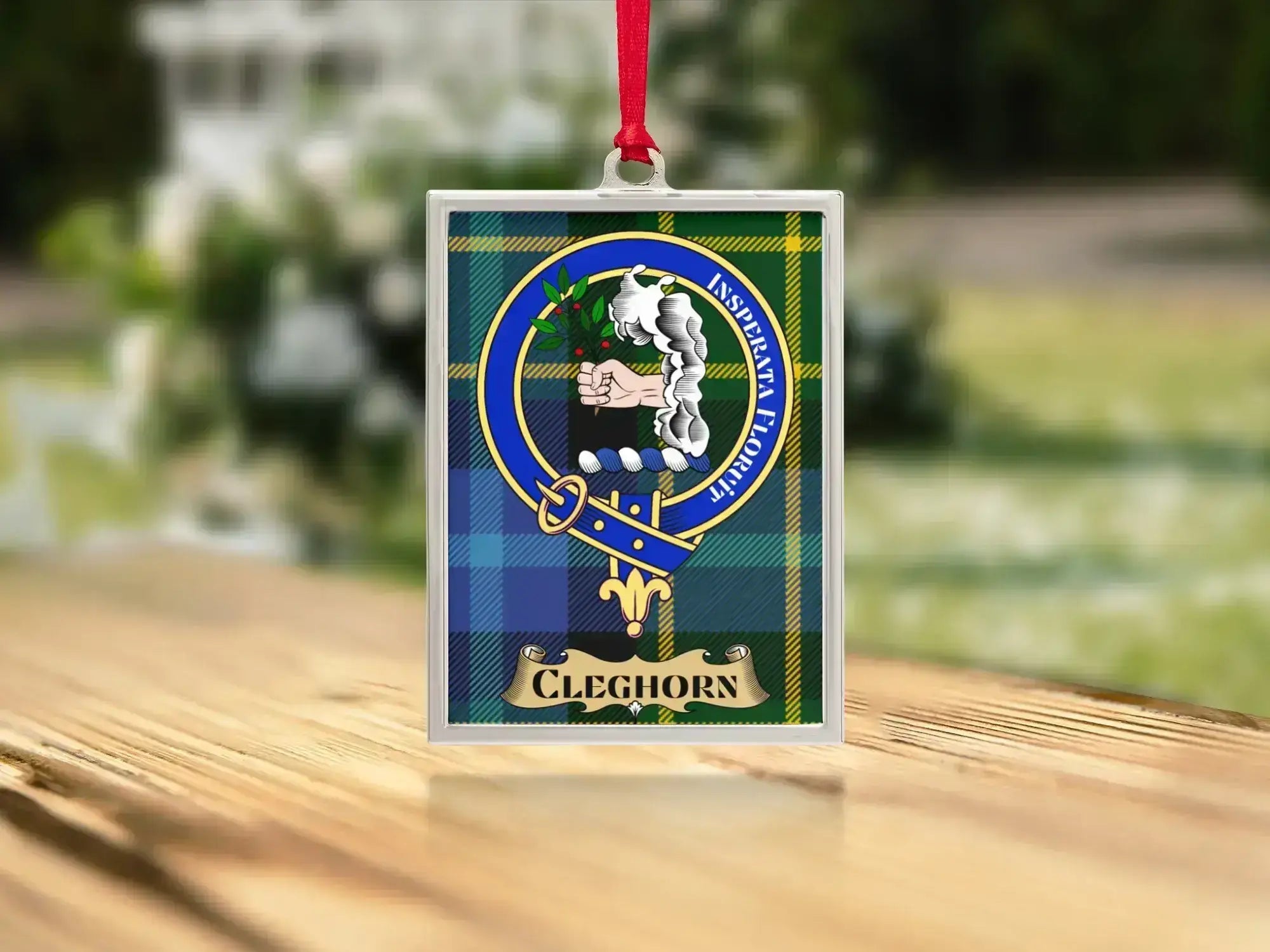 Close-up of the Cleghorn family crest on a polished silver-frame metal ornament