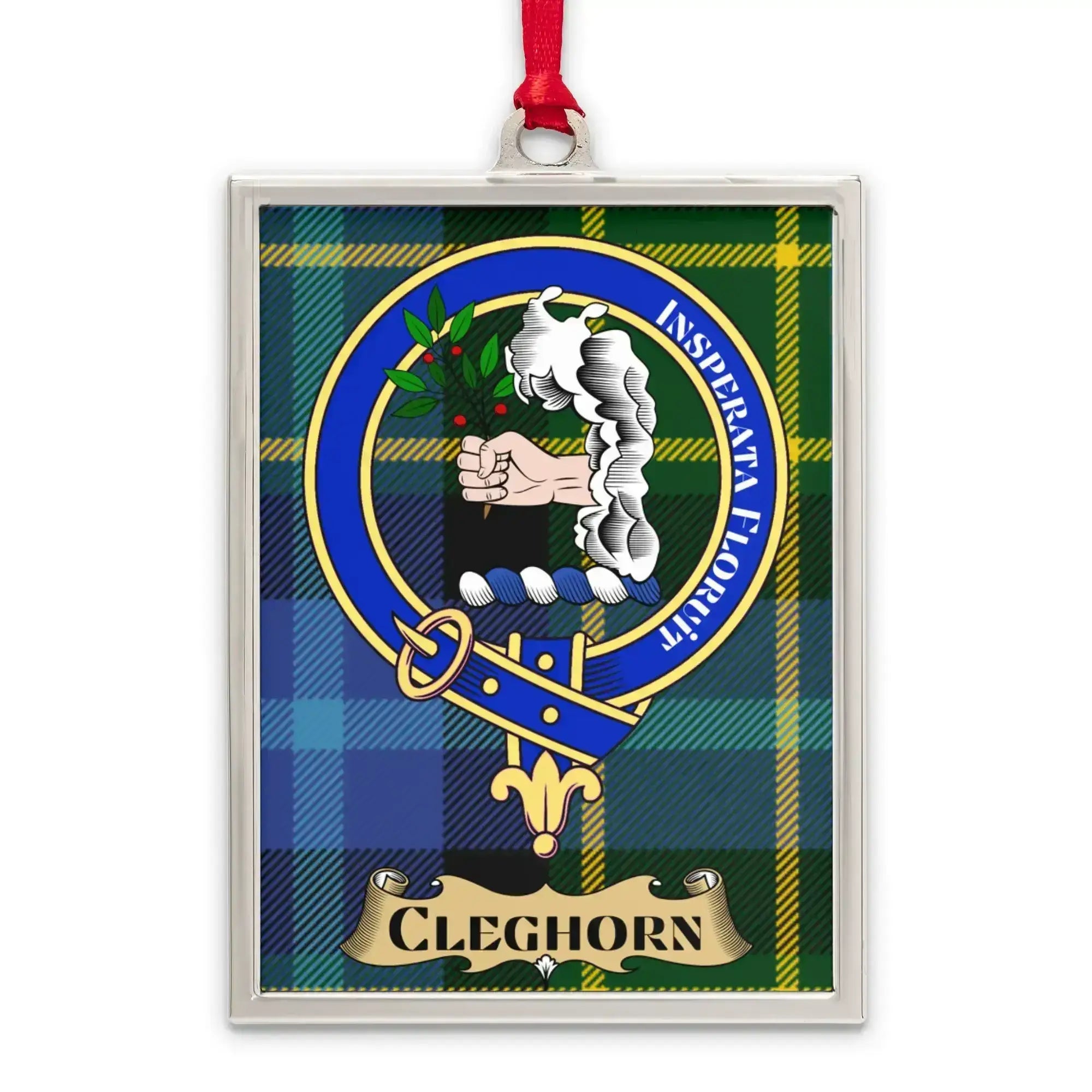 Cleghorn tartan-background crest ornament shown as a Scottish heritage keepsake gift