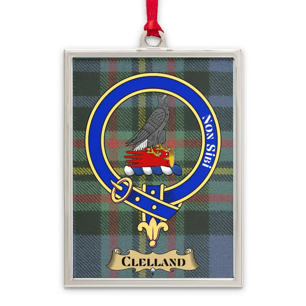 Clelland tartan-background crest ornament shown as a Scottish heritage keepsake gift