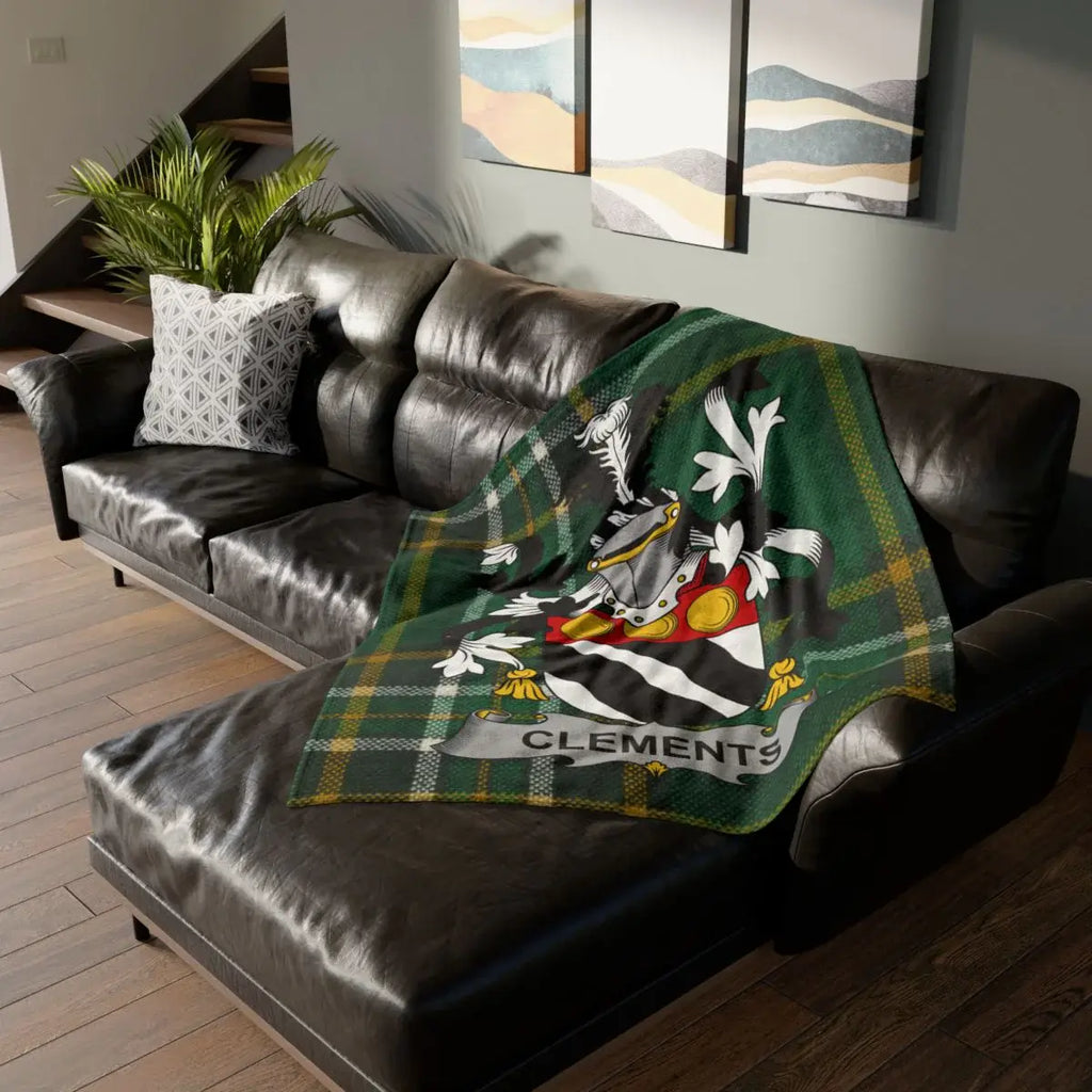 Family Crest Blanket Green Plaid Design with Name CLEMENTS
