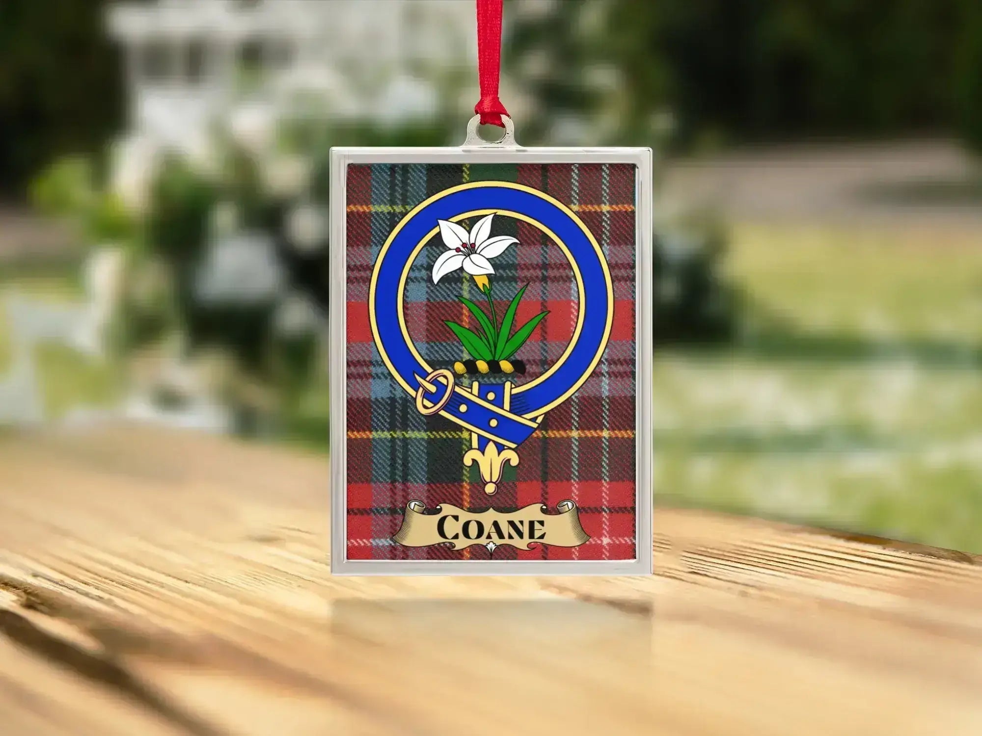 Close-up of the Coane family crest on a polished silver-frame metal ornament