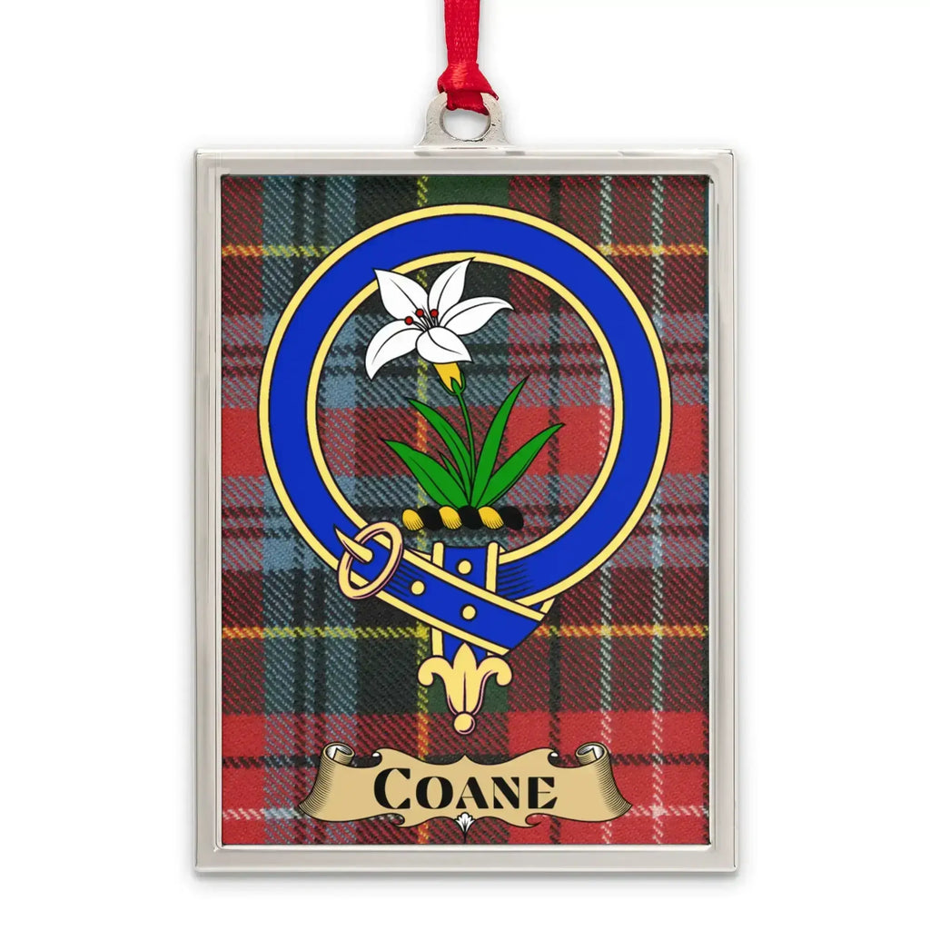 Coane tartan-background crest ornament shown as a heritage keepsake gift