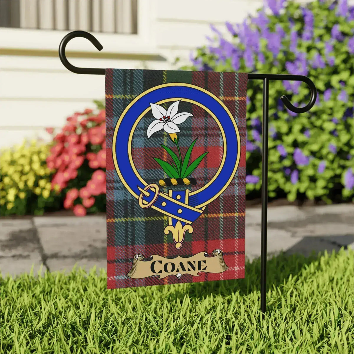 Coane Tartan Garden Flag with Family Crest