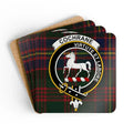 Clan Cochrane virtute et labore plaid coaster set — glossy cork, 3.75 inch square