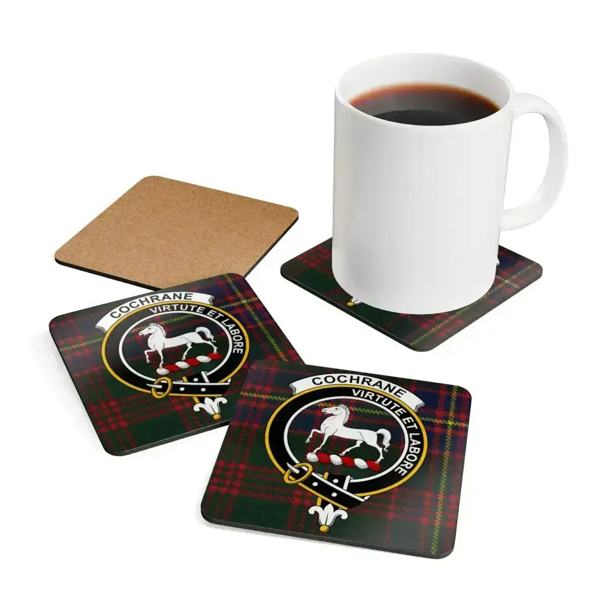 Clan Cochrane plaid pattern coasters — single detail view, horse crest