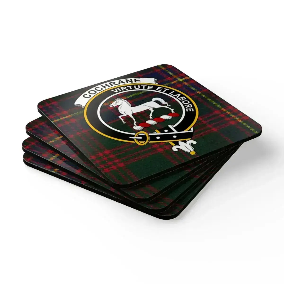 Cochrane clan virtute et labore plaid pattern coaster — four coasters on table