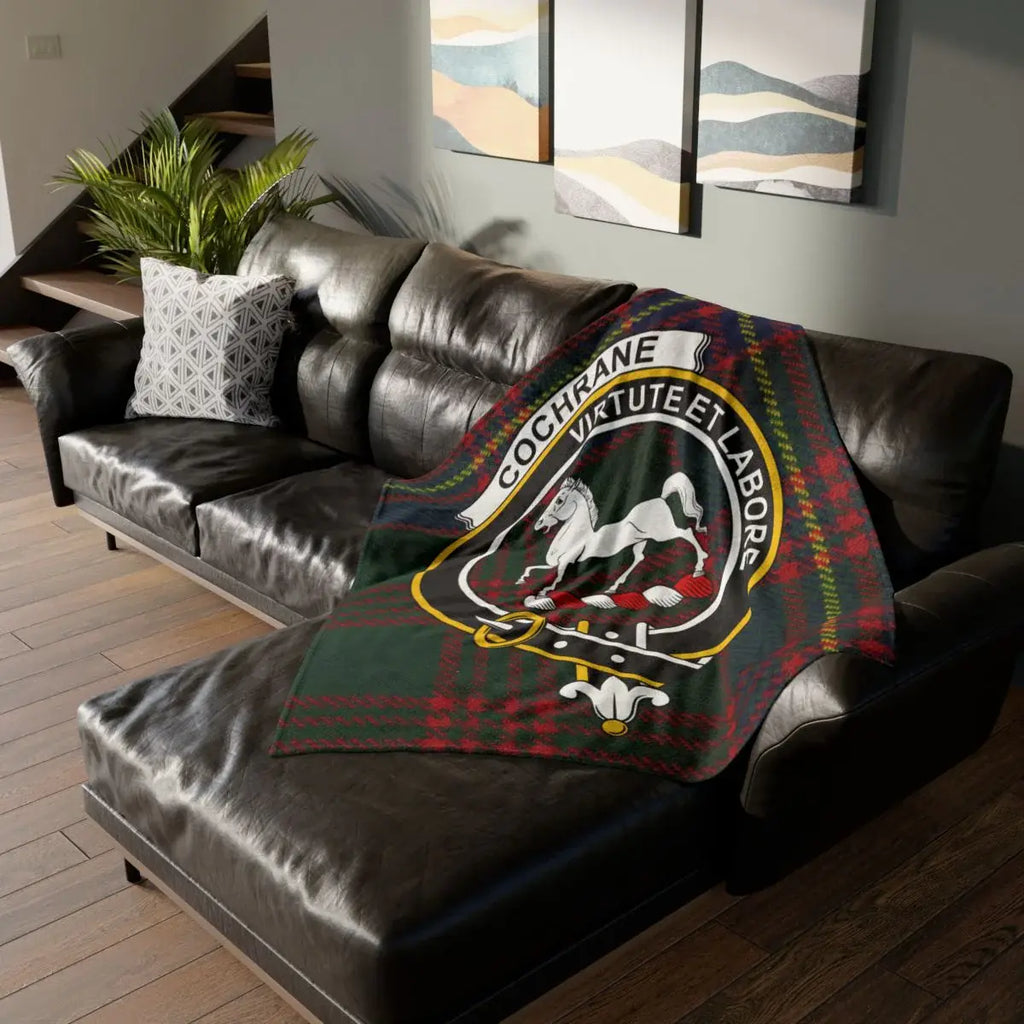 Clan Cochrane virtute et labore horse crest tartan throw blanket — 100% polyester, sofa display
