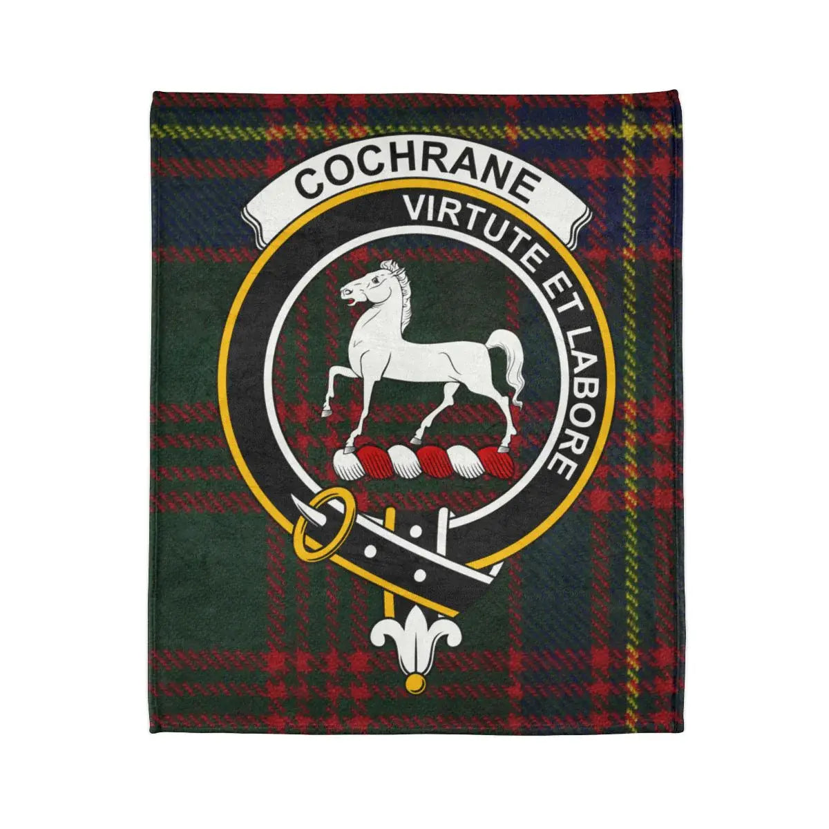 Cochrane virtute et labore emblem throw blanket — crest detail on polyester