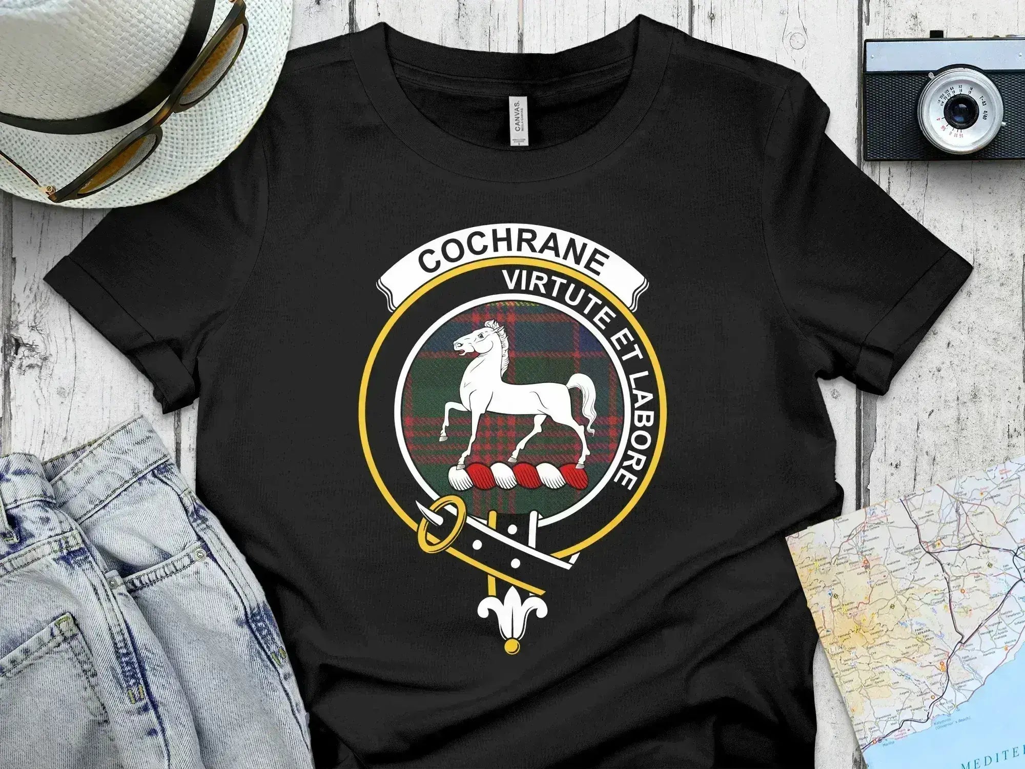 Clan Cochrane virtute et labore family crest t-shirt — navy blue, front view