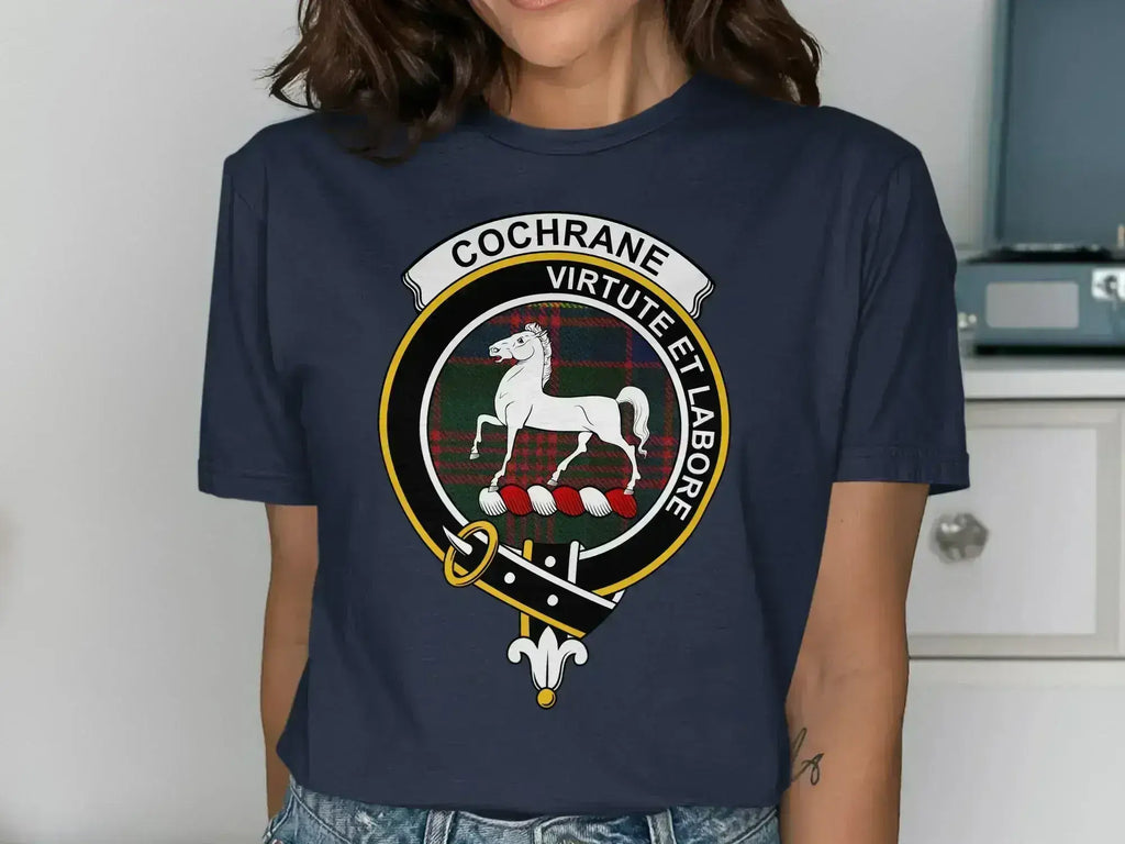 Cochrane clan crest graphic tee — royal blue, unisex fit