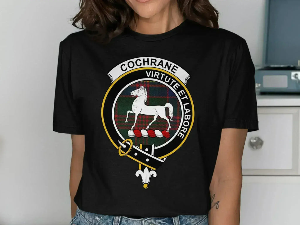 Cochrane clan virtute et labore graphic t-shirt — forest green, front view