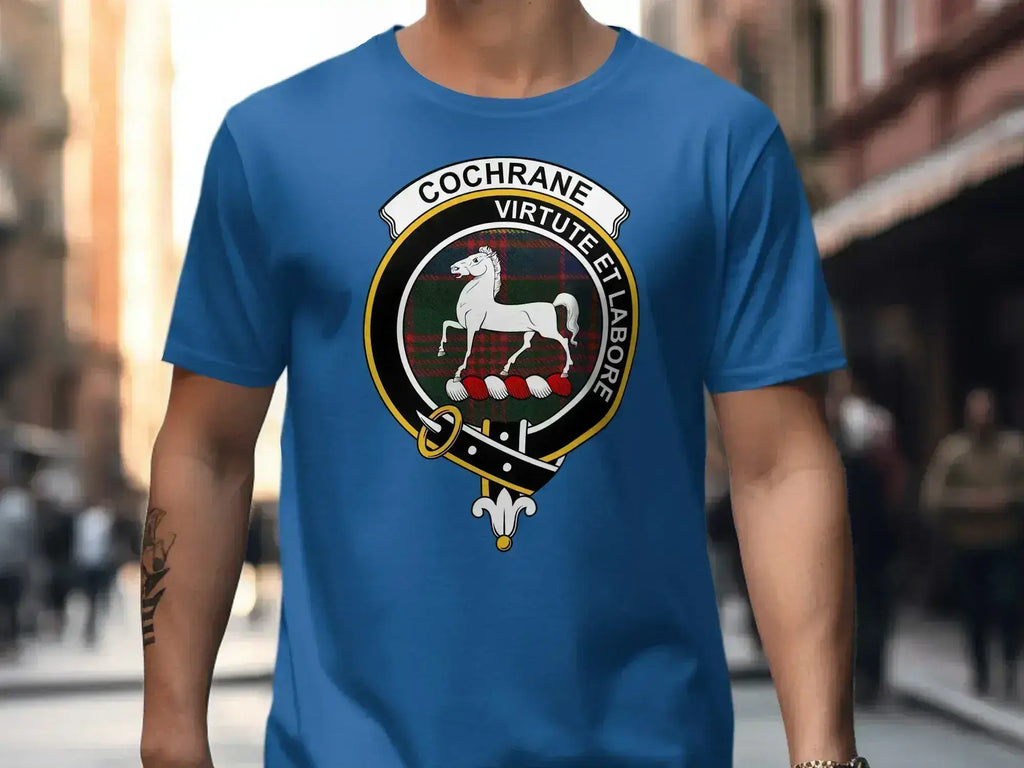 Clan Cochrane crest tartan graphic tee — navy, S to 3XL