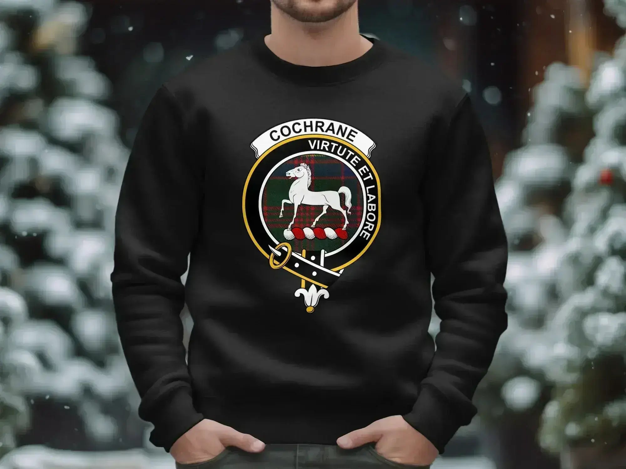 Cochrane clan virtue et labore insignia sweatshirt — black, ribbed cuffs