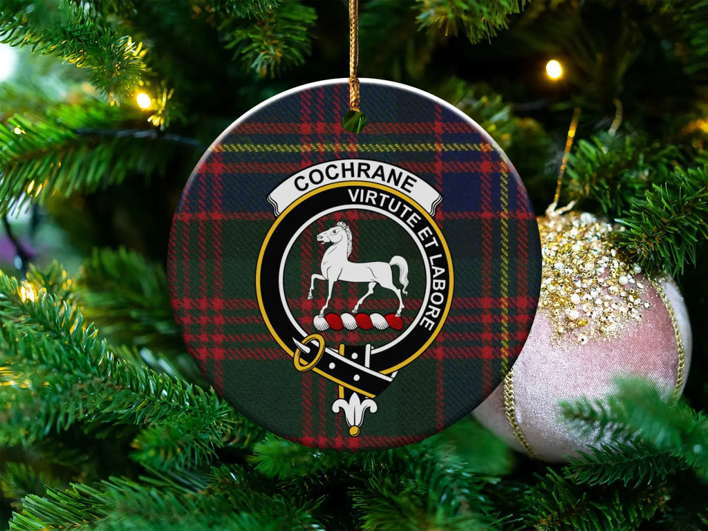 Clan Cochrane tartan crest Christmas tree ornament — 3 inch ceramic, gold string