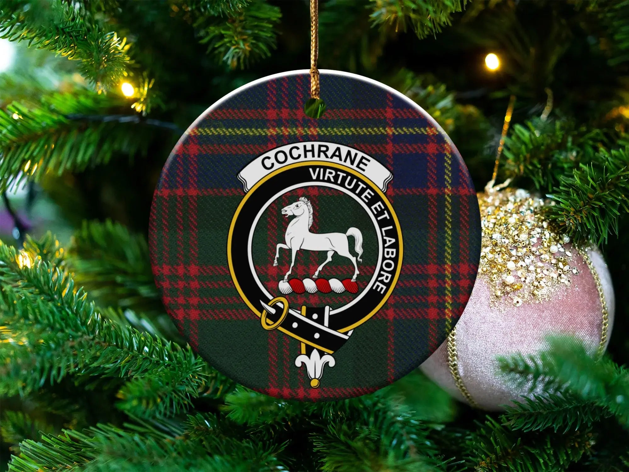 Clan Cochrane tartan crest Christmas tree ornament — 3 inch ceramic, gold string
