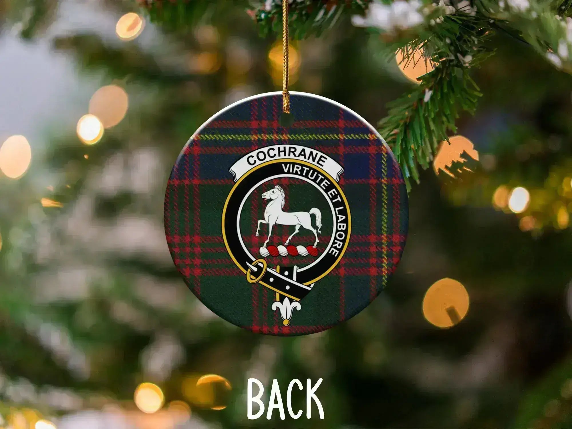 Cochrane virtute et labore Christmas ornament — double-sided ceramic, front view