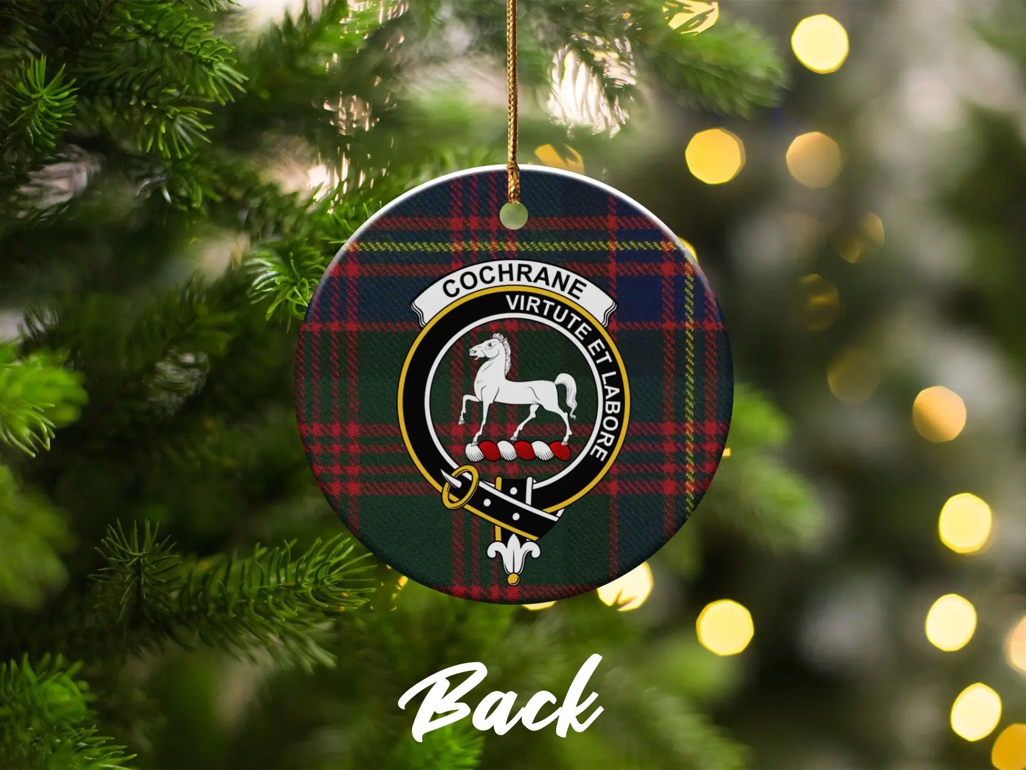 Clan Cochrane virtute et labore ornament — double-sided ceramic, back view