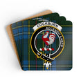 Clan Cockburn accendit cantu tartan coaster set — glossy cork, 3.75 inch square