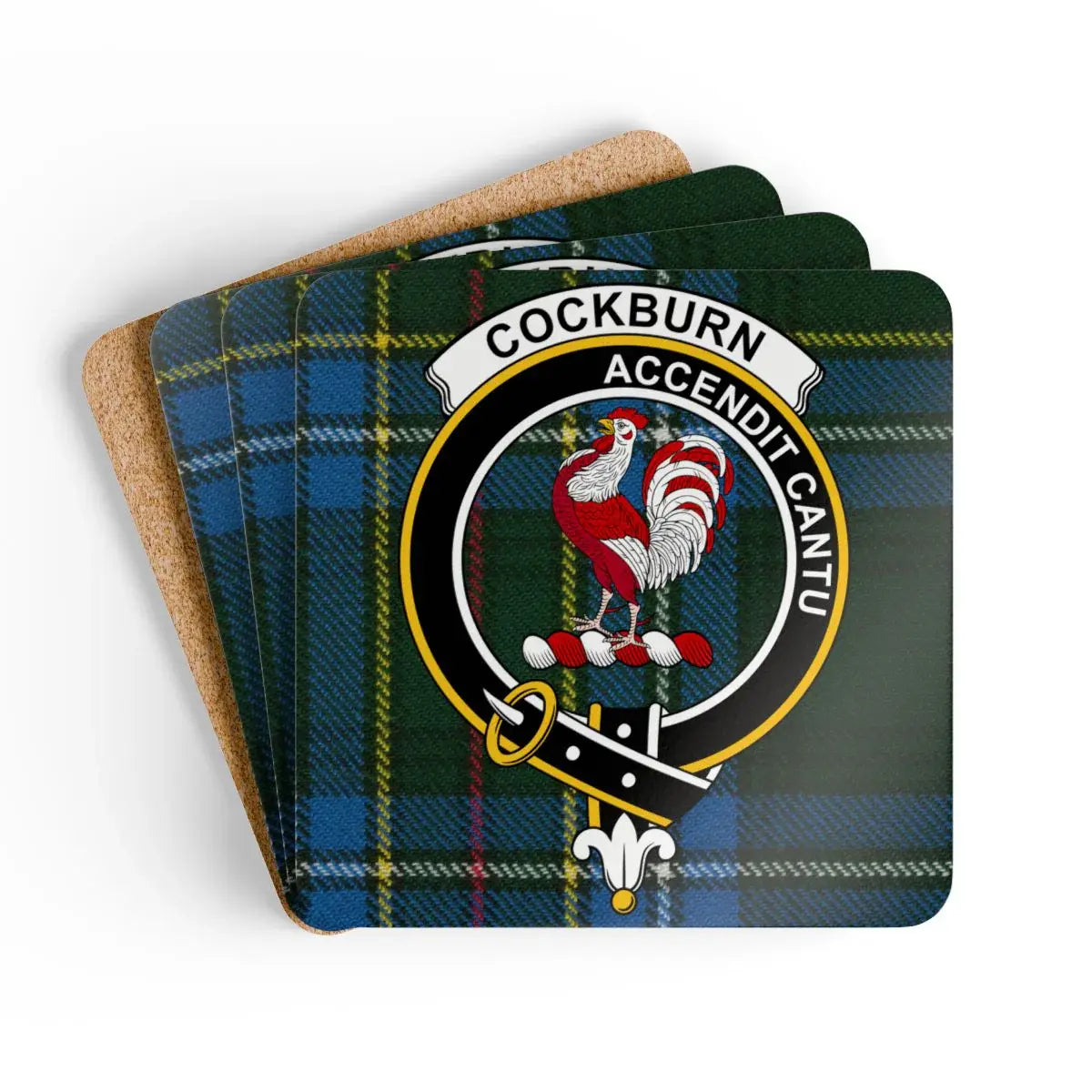 Clan Cockburn accendit cantu tartan coaster set — glossy cork, 3.75 inch square